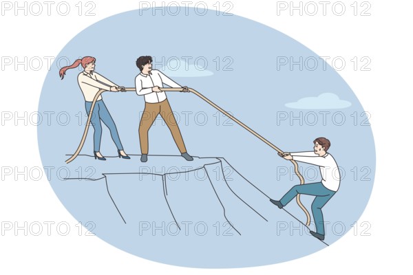 Diverse employees throw rope help colleague climb up hill. Coworkers help person showing support