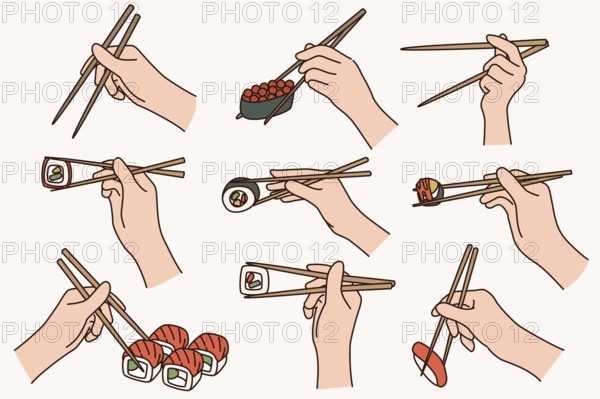 Collection of people hold chopsticks eating sushi. Set of persons enjoy traditional Japanese food.