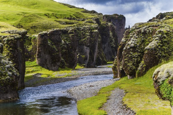 The beginning of the canyon Fyadrarglyufur, Iceland. The sheer cliffs covered with green moss