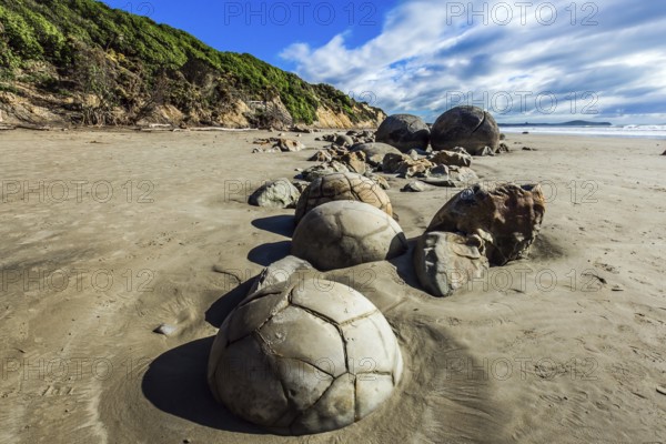 Series of mysterious round boulders Moeraki and their shattered remnants on a sandy beach. New