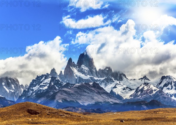 The famous ridge Mount Fitz Roy and the Patagonian prairie. Argentine Patagonia. Desert and