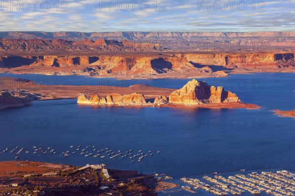 USA. Lake Powell is a reservoir on the Colorado River. The blue water of the lake contrast with the