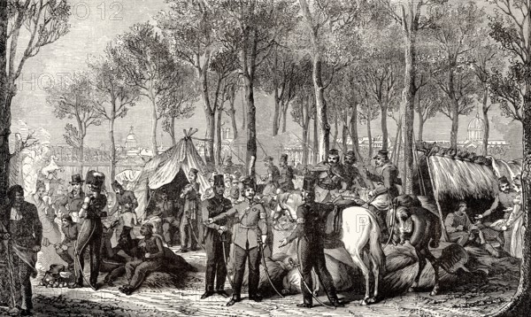 Military camp at the Avenue des Champs-Élysées, Paris, France, 1815