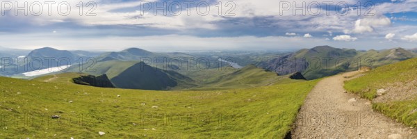 Walking down from Mount Snowdon on the Llanberis Path, Snowdonia, Gwynedd, Wales, UK, looking north