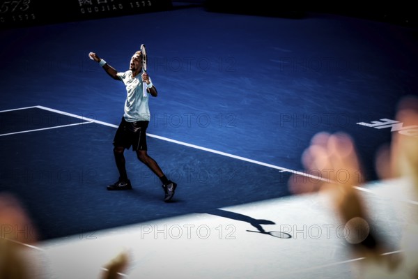 MELBOURNE, AUSTRALIA - JANUARY 18: Gael Monfils of France celebrates beating Taylor Fritz of USA on