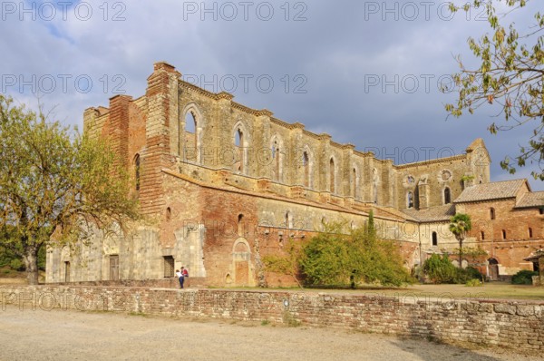 Abbey of Saint Galgano, a former Cistercian monastery in the valley of the Merse River, San