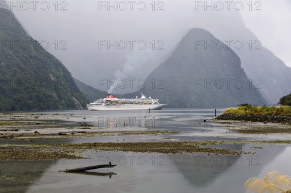 Cruise ship in the evening of an overcast day in the majestic Milford Sound on the South Island of