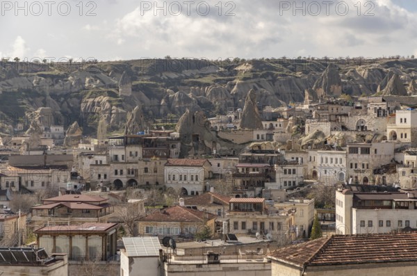 A picture of the town of Goreme and the landscape of the Goreme Historical National Park, in