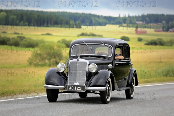 VAULAMMI, FINLAND, AUGUST 4, 2018: Classic black Mercedes-Benz car, probably mid-1930s 170V, on