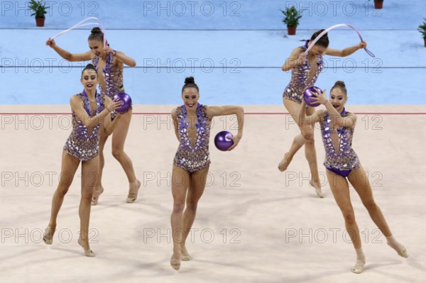 Sofia, Bulgaria - 1 April, 2018: Team Bulgaria performs with balls and ropes during Rhythmic