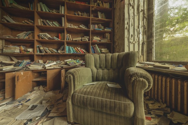 A green armchair in front of a messy bookshelf in an abandoned room, Lost Place, urologist's villa