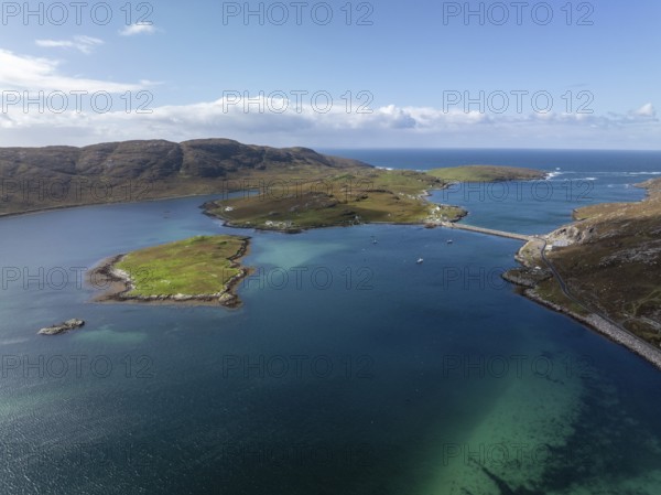 Causeway, causeway to Vatersay, drone shot, Caolas, Isle of Barra, Hebrides, Scotland, Great