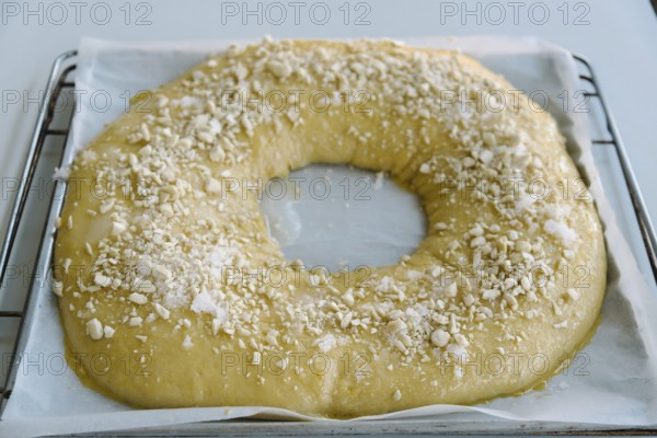 Close Up Of making of sweet bread ringed dessert On oven plate. Called roscon is typical in spanish