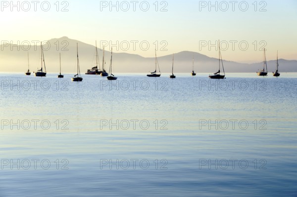 Sailing boats, dawn in the bay of Puerto de Pollensa, Port de Pollenca, Majorca, Majorca, Balearic