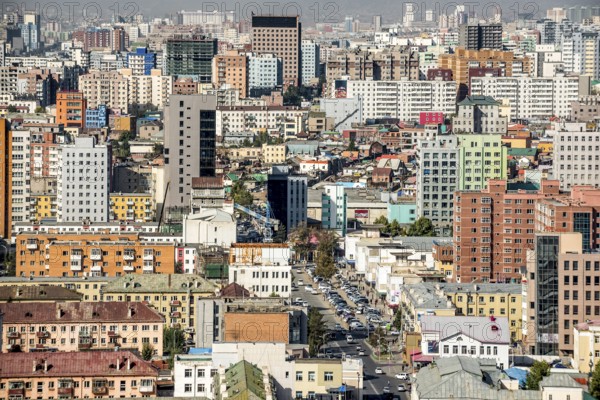 City centre of Ulaanbaatar, the capital of Mongolia from the air, with houses and skyscrapers in a