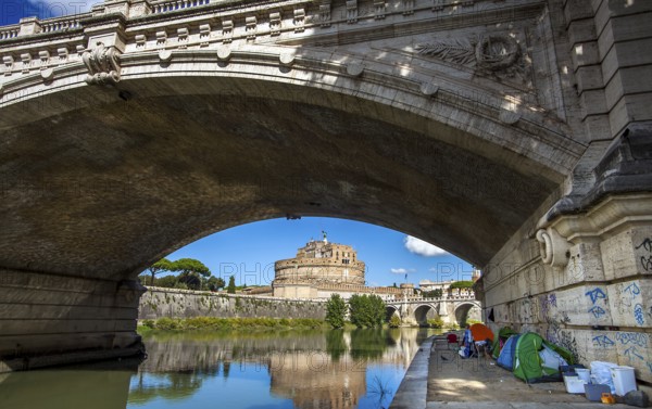 Rome Italy on October 6th, 2019 Tents of homeless people under the Ponte Vittorio Emanuele II