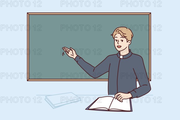 Priest teaching sunday school visitors stands near blackboard and tells students about benefits of