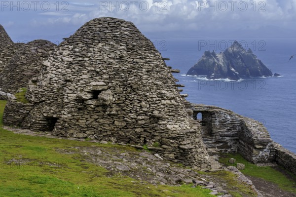 Clochans, stone cells. monastery at the top, Skellig Michael island, Mainistir Fhionáin (St.