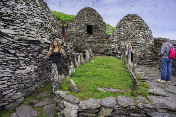 Clochans, stone cells. monastery at the top, Skellig Michael island, Mainistir Fhionáin (St.