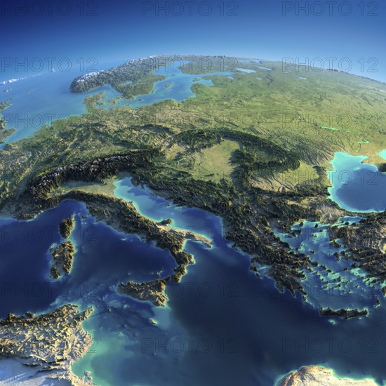 Highly detailed planet Earth in the morning. Exaggerated precise relief lit morning sun. Part of