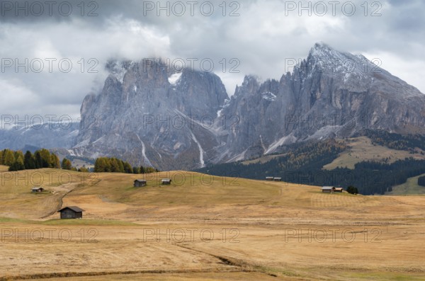 Landscape with beautiful autumn meadow field and the amazing Dolomite rocky peaks the valley of