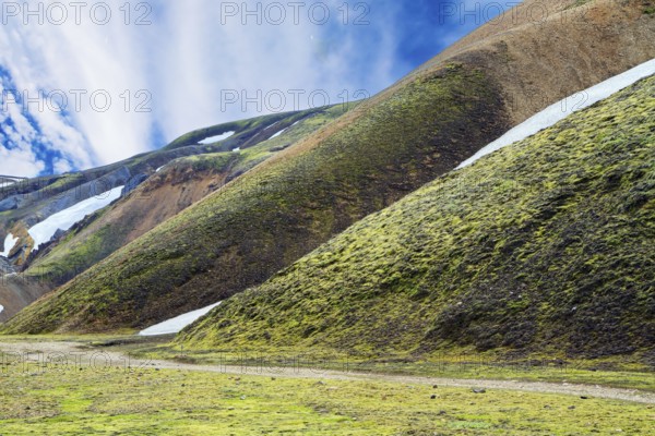 Amazing Iceland - dream for photographers and tourists. Rhyolite mountains, remains of last year's