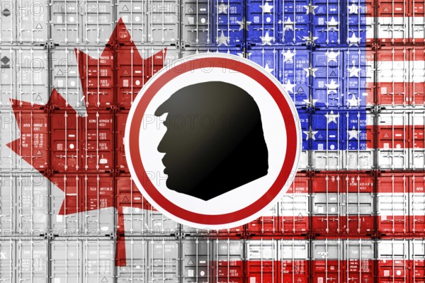 Customs sign with profile of Donald Trump in front of stacked containers in us and Canadian