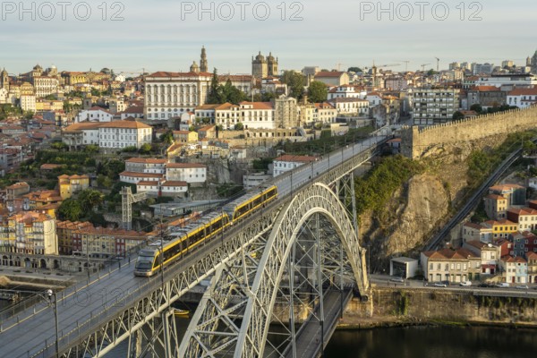 Porto City, Douro River and Dom Luis Bridge I with Tram in Morning. View from Tourist Viewpoint