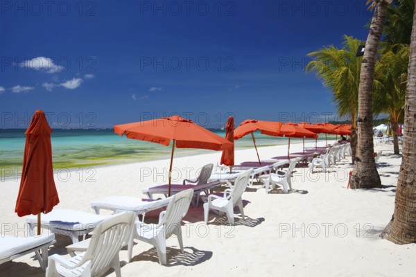 Beach with Palm trees and deckchair on Boracay, island, Philippines, parasols, Boracay, Philippines