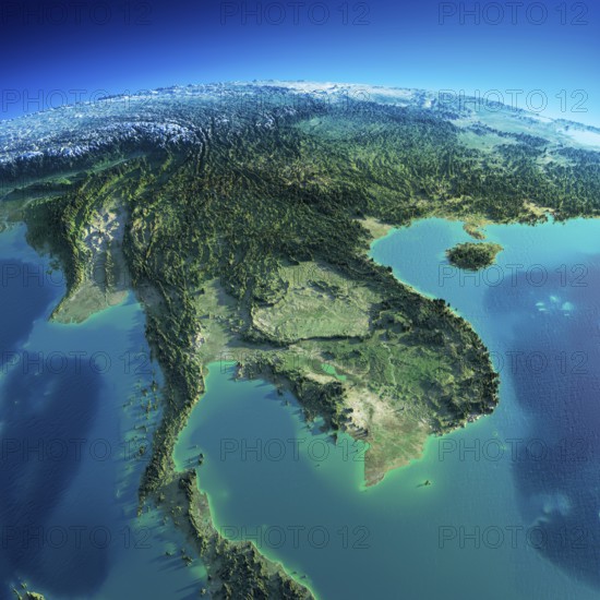 Highly detailed planet Earth in the morning. Exaggerated precise relief lit morning sun. Detailed