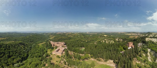 Aerial view of the Abbey of Monte Oliveto Maggiore, a large Benedictine monastery in the Italian