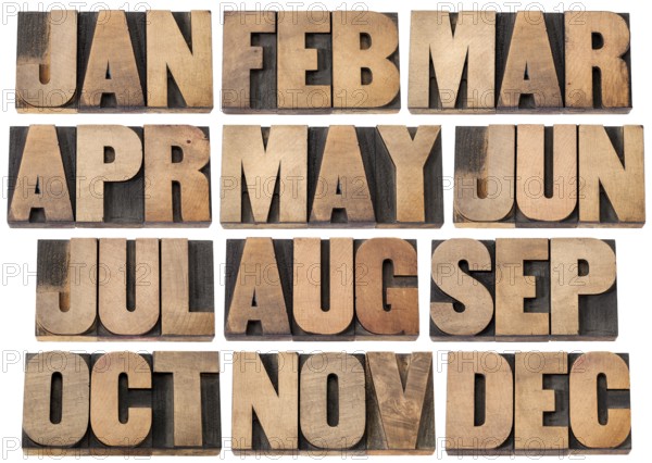 12 months from January to December - a collage of isolated 3 letter symbols in vintage letterpress