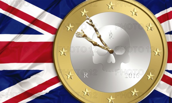 UK flag and an euro coin with skeleton arms as clock hands inside. Finance concept for leave and