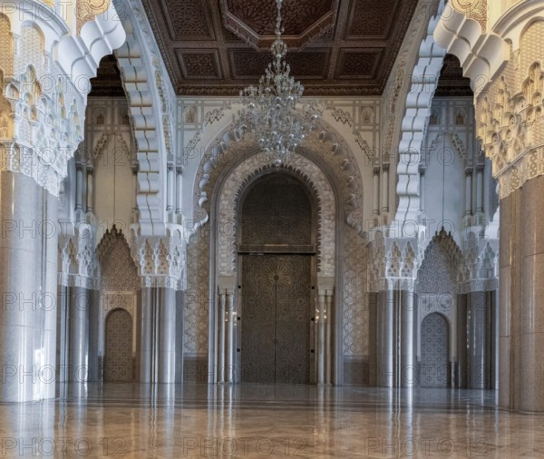 Casablanca, Morocco, 29 March, 2024: view of the west portal and central hall of the Hassan II