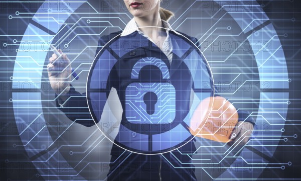 Computer security and information technology. Virtual padlock blue hologram and business woman with