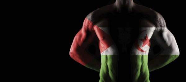 Sahrawi Arab Democratic Republic flag on muscled male torso with abs, black background