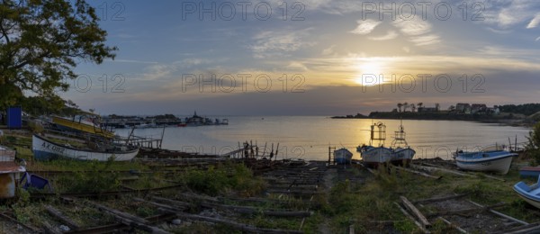 Athopol, Bulgaria, 23 October, 2022: panorama view of the boat ramps and small fishing boats in