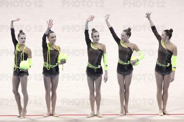 Sofia, Bulgaria - 7 May, 2017: Team Ukraine performs during Rhythmic Gymnastics World Cup Sofia