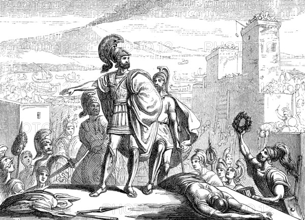 Timoleon c. 411-337 BC, a Greek statesman and general at Syracuse with the dead Hicetas, a