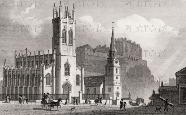 St John's Chapel, St Cuthbert's Church, and New Barracks, Edinburgh, Scotland, 19th century, from