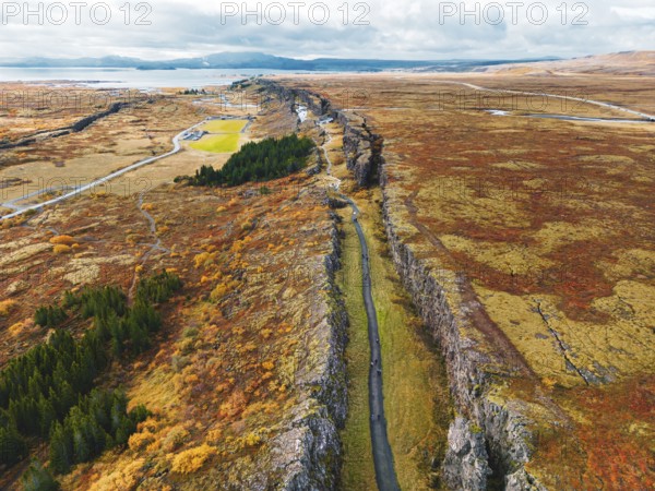 Aerial view of Thingvellir National Park, famous area in Iceland right on the spot where the
