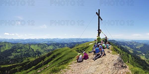 On the summit of the Rindalphorn with a view of the Allgäu Alps and the Alpine foothills,