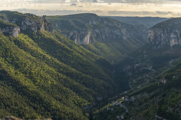 View of the Gorges de la Jonte and the village of Le Truel in the Cevennes National Park. Aveyron,