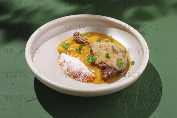 Food, This dish showcases duck breast elegantly arranged on a plate accompanied by a colorful mango