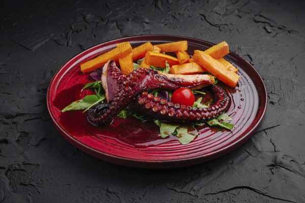 food still-life, A beautifully arranged dish features grilled octopus, bright red cherry tomatoes,