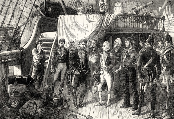Admiral Horatio Nelson receiving the Spanish Admiral's sword, Battle of Cape St. Vincent, 1797,