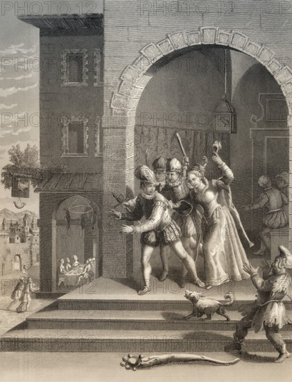 The Parable of the Prodigal Son, wastes all his money, New Testament, steel engraving 1853,