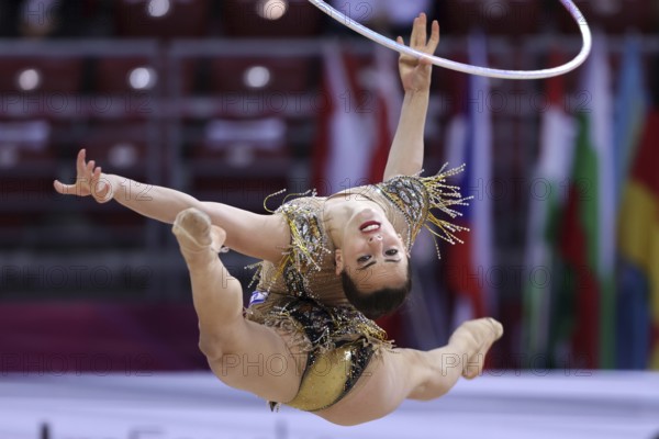 Sofia, Bulgaria - 27 March, 2021: Linoy Ashram of Israel performs during the individual Hoop final