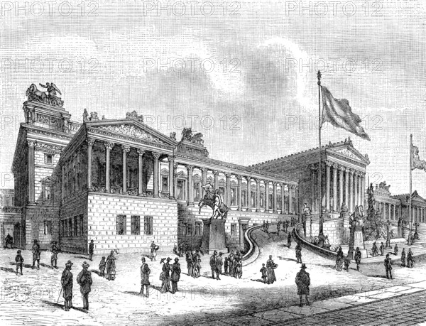 Historical illustration, Austrian Parliament Building, 1896, historische Zeichnung,