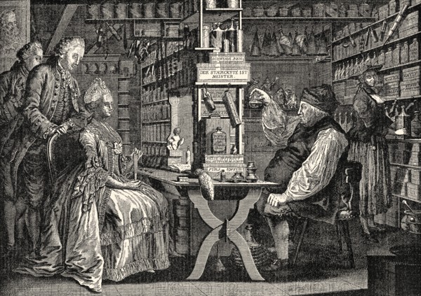 The Quack Doctor from Switzerland, Michel Schuppach, in his pharmacy examining a young woman's